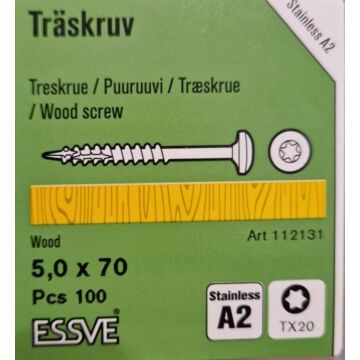 ESSVE A2 5,0×70 TX20 – nierdzewny wkręt do drewna z łbem walcowym (100 szt.)