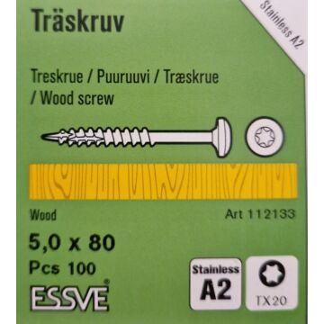 ESSVE CUTTERS 5,0×80 mm A2 – nierdzewny wkręt walcowy TX25 do drewna i materiałów drewnopochodnych