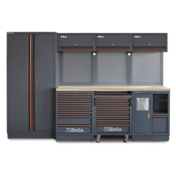 Zestaw mebli warsztatowych C45PRO 2.0 – blat 2040×615 mm, 7 szuflad, wózek narzędziowy, szafa 2-drzwiowa